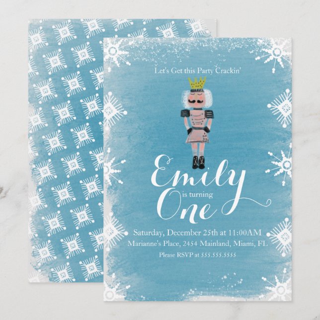 Convites Primeiro Aniversário Nutcracker Flocos de Neve Aqu (Frente/Verso)