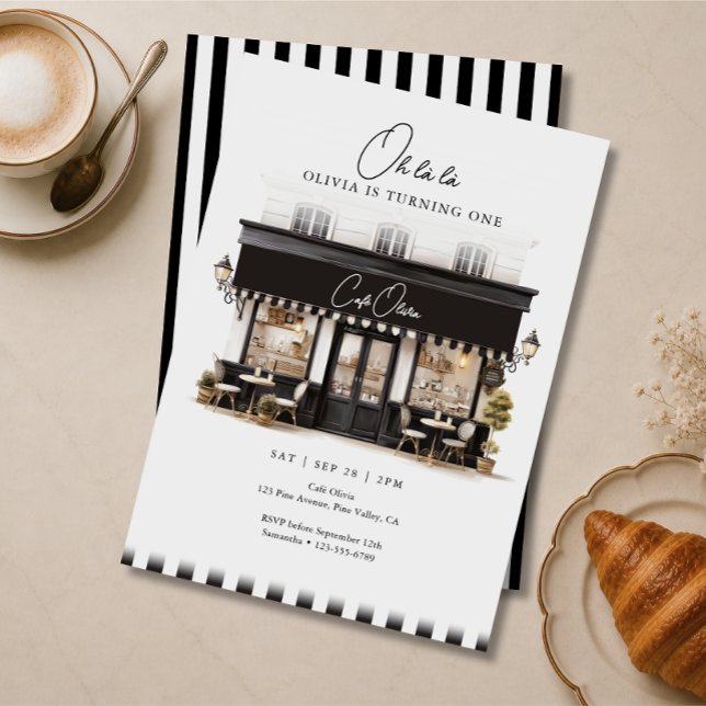 Convites Primeiro Aniversário Oh Là Là Preto e Branco Café  (Criador carregado)