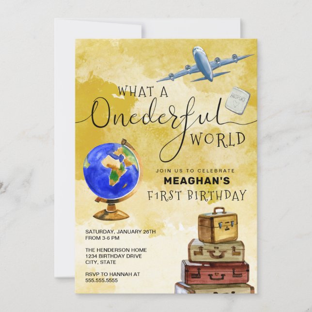Convites PRIMEIRO ANIVERSARIO ONE World Vintage Suitcase (Frente)