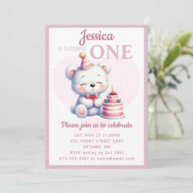 Convites Primeiro aniversario para crianças de Urso Bonito (Em pé/Frente)