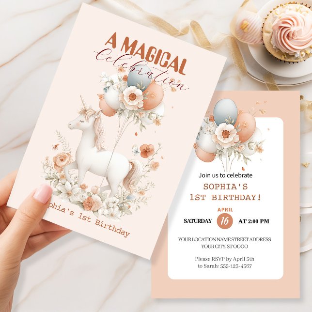 Convites Primeiro aniversario Pastel Unicorn (Criador carregado)