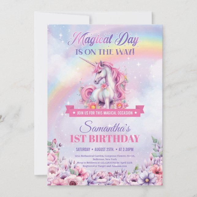 Convites Primeiro aniversario Pink Pastel Unicorn e Rainbow (Frente)