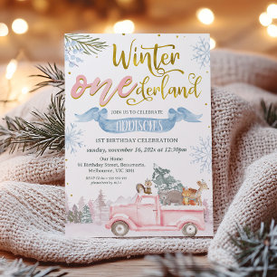 Convites Primeiro aniversario Pink Truck Banner Winter Oned