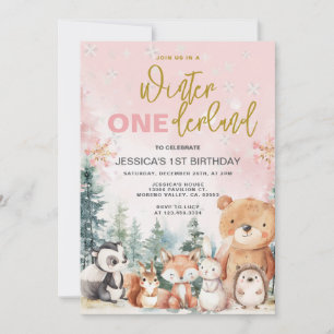 Convites Primeiro aniversario Pink Winter Onederland Woodla