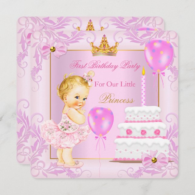Convites Primeiro Aniversário, Princesa Tiara Menina Rosa,  (Frente/Verso)