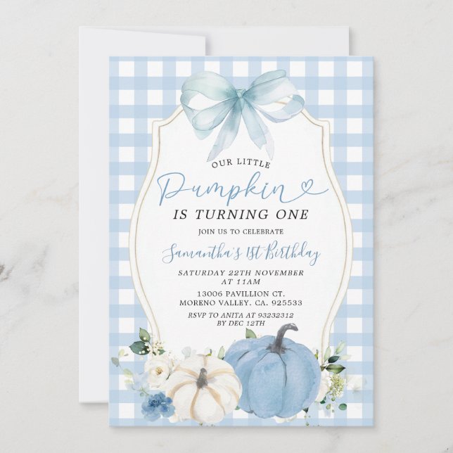 Convites Primeiro aniversario Pumpkin Gingham Azul Pastel (Frente)