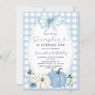 Convites Primeiro aniversario Pumpkin Gingham Azul Pastel