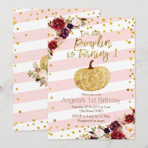Convites Primeiro Aniversário, Pumpkin Rosa e Dourado
