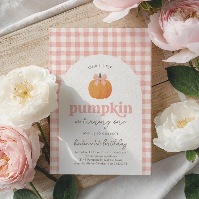 Convites Primeiro aniversario Pumpkin Rosa Gingham (Criador carregado)