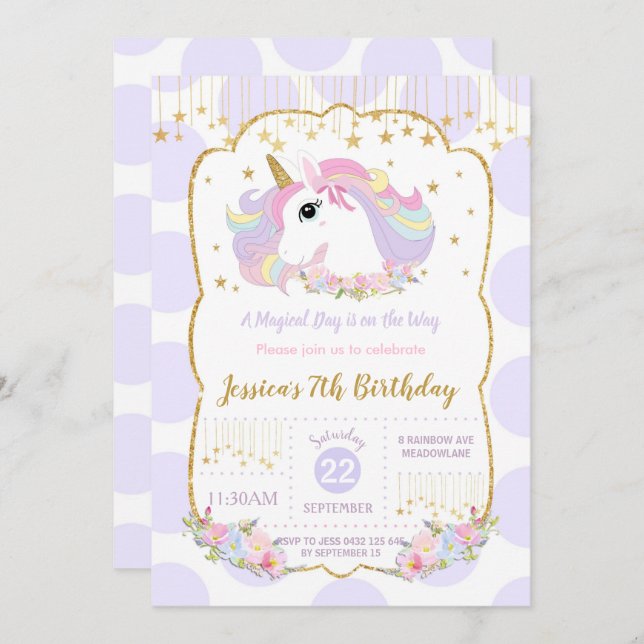 Convites Primeiro aniversario Rainbow Unicorn Bolinhas roxo (Frente/Verso)