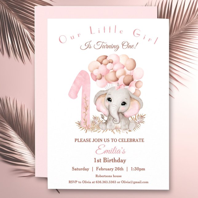Convites Primeiro Aniversário Rapariga Gelada Elefante Rosa (First Birthday Girl Cute Elephant Pink Invitation)
