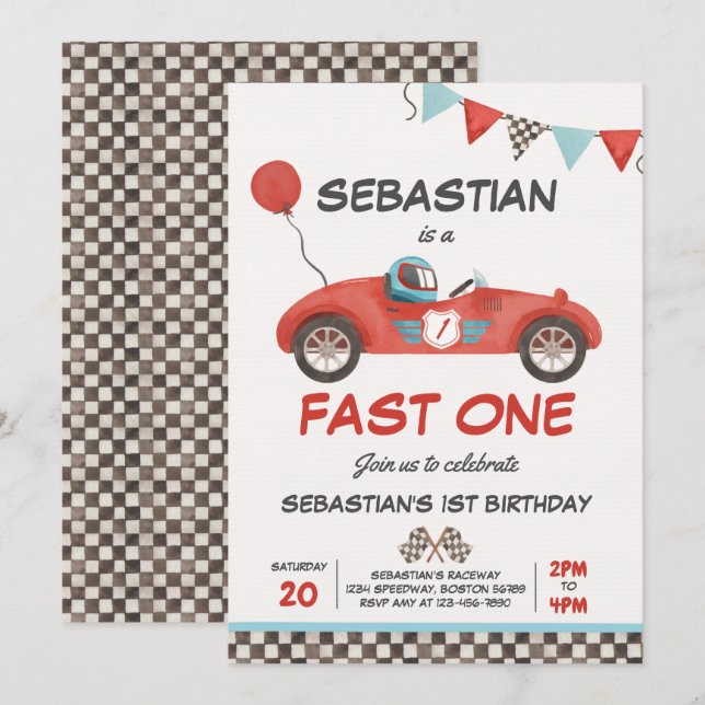 Convites Primeiro aniversario Rápido De Carro Vermelho De U (Frente/Verso)