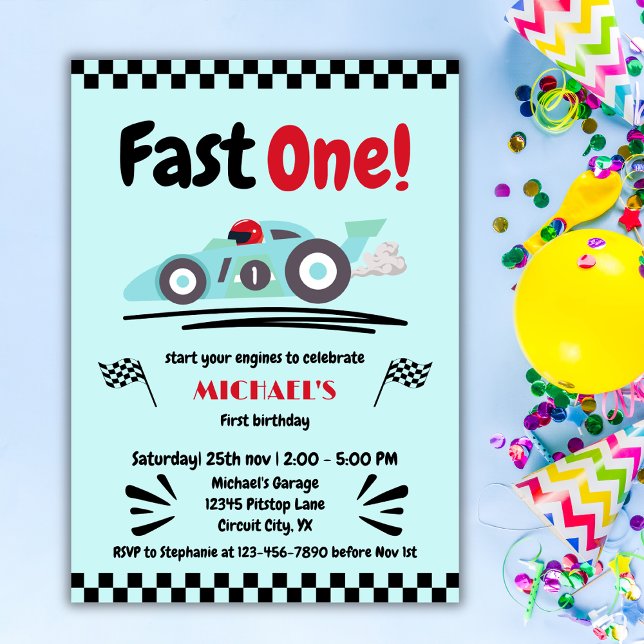 Convites Primeiro Aniversário Rápido Um Carro Azul De Raça  (Criador carregado)