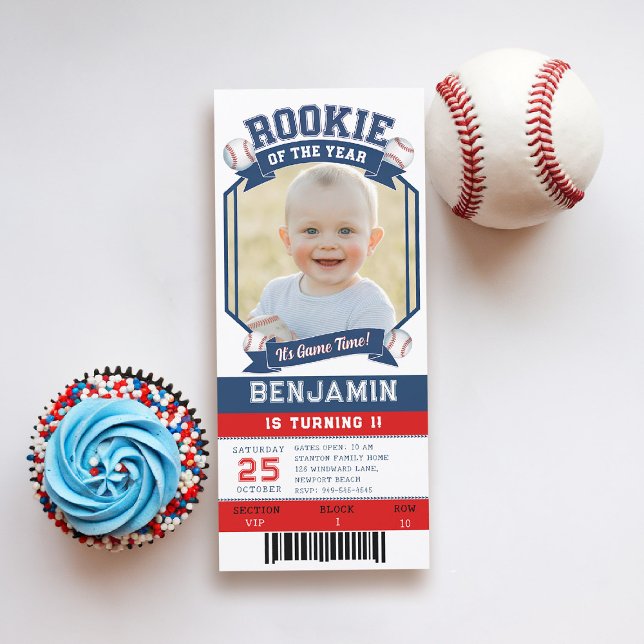 Convites Primeiro aniversario Red Blue Boy Rookie Baseball (boy 1st birthday invitation baseball ticket rookie of the year photo template blue red white game)