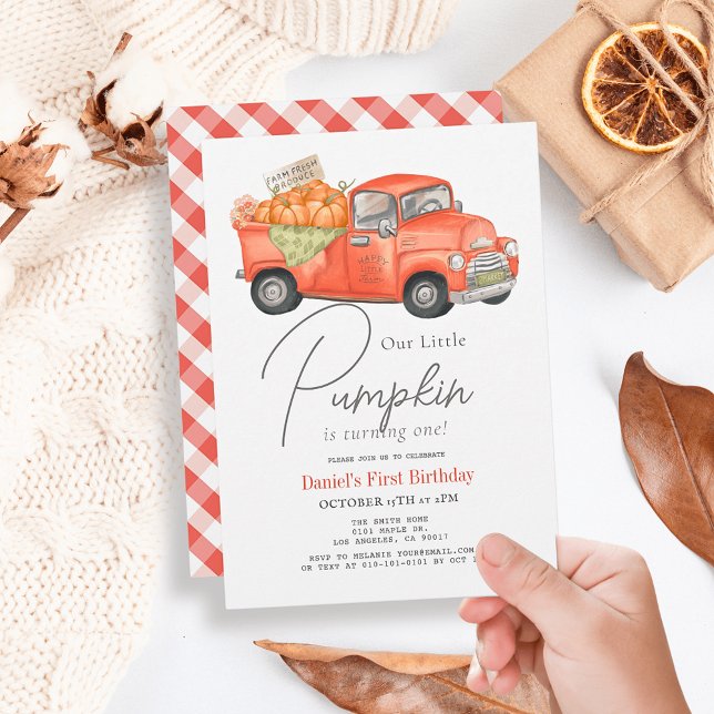 Convites Primeiro aniversario Red Pumpkin Truck Gingham (Criador carregado)