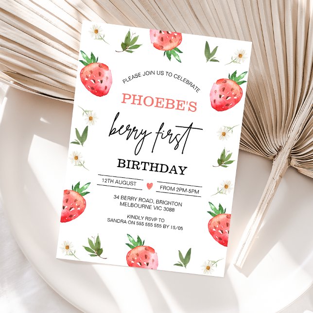 Convites Primeiro aniversario Red Strawberry Daisy Berry Sw (Girls Berry First Birthday Invitation, Editable Strawberry 1st Birthday Invite, Daisy, Berry First )