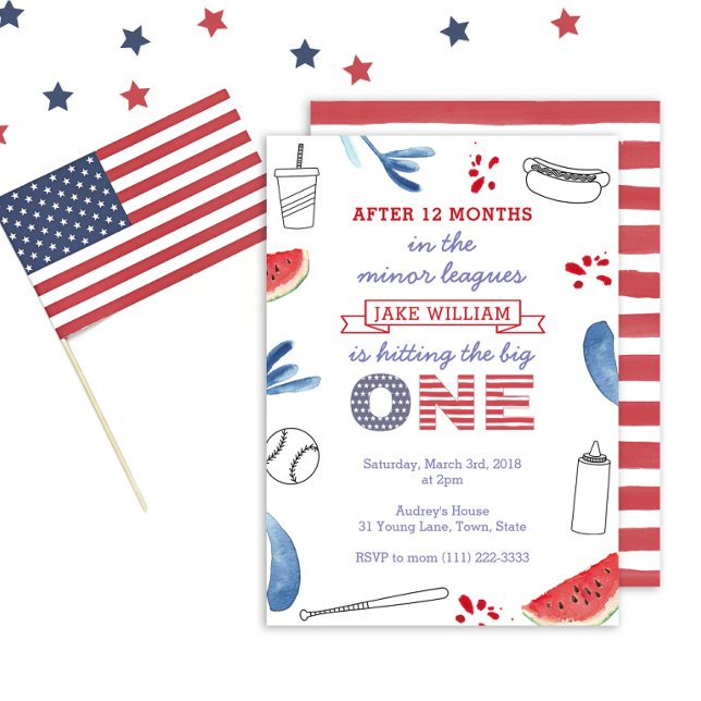 Convites primeiro aniversario Red White Blue Baseball Party (Patriotic Baseball theme 1st birthday invitation)