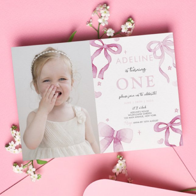Convites primeiro aniversario Rico Arco Rosa Uma Fotografia (1st Birthday Girl Pink Bow Fancy One Cute Photo Invitation Template Digital Instant Download Cute)