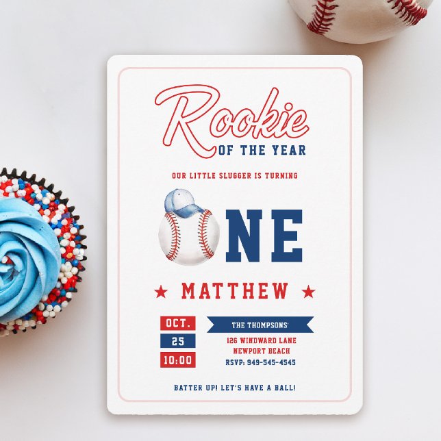 Convites Primeiro aniversario Rookie Azul Red DIVERTIDO Bon (rookie of the year 1st birthday invite boy baseball theme sports all star red blue white milestone)