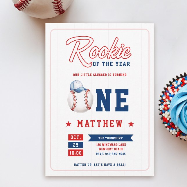 Convites Primeiro aniversario Rookie de Boné de Baseball St (rookie of the year 1st birthday invite boy baseball theme sports all star red blue milestone)