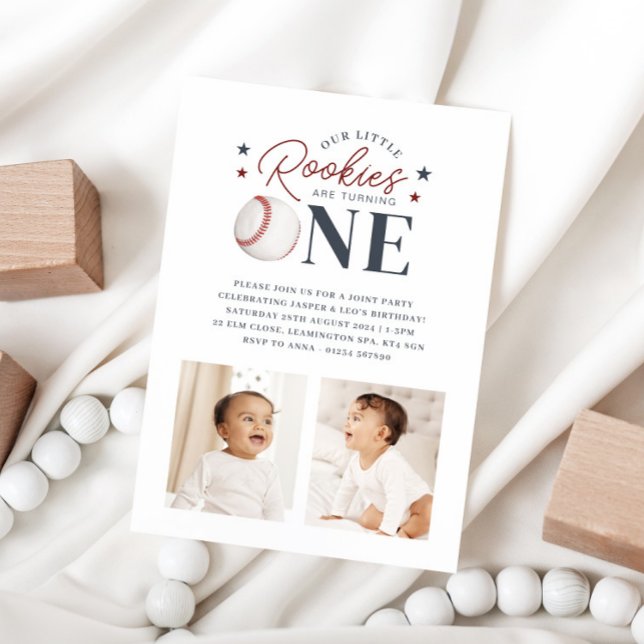 Convites Primeiro aniversario Rookie Twins - Duas Fotografi (Rookie Twins 1st Birthday - Two Photos Invitation)