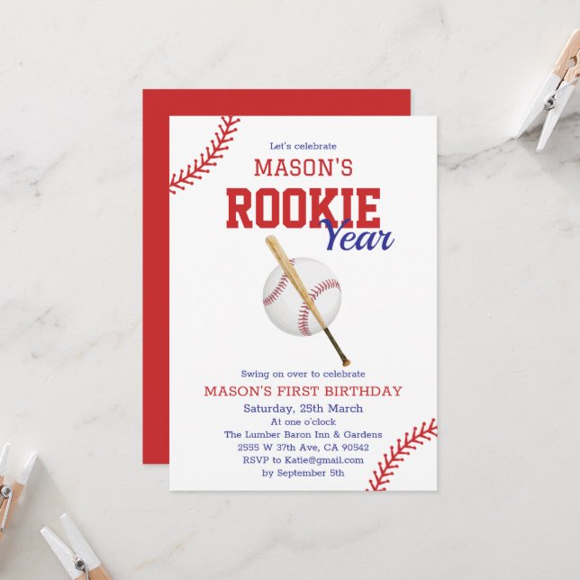 Convites Primeiro aniversario Rookie Year Baseball (Frente/Verso In Situ)