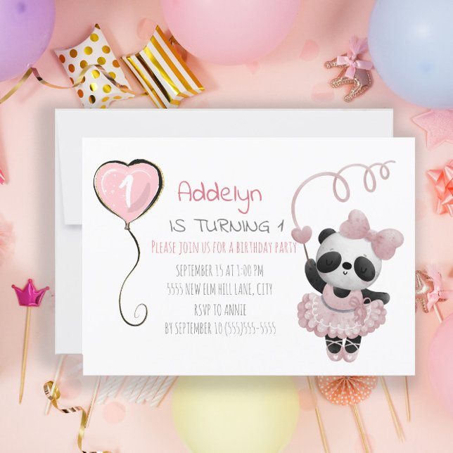 Convites Primeiro aniversario Rosa Ballerina, Urso Panda Ba (Criador carregado)