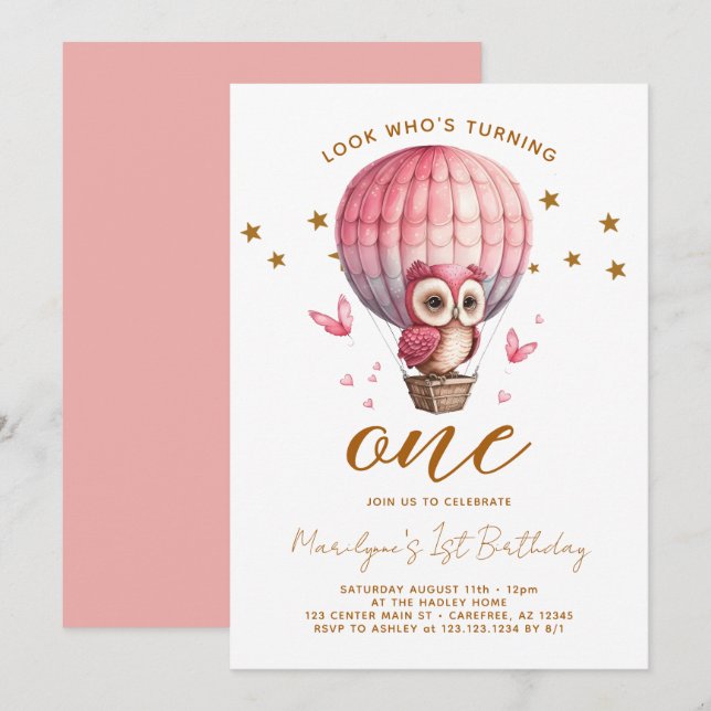 Convites Primeiro aniversario rosa coruja (Frente/Verso)