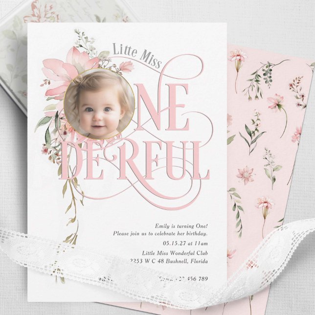 Convites Primeiro aniversario Rosa de Marinha Maravilha Men (Wild flower themed little miss onederland, baby girl 1st birthday invite.)