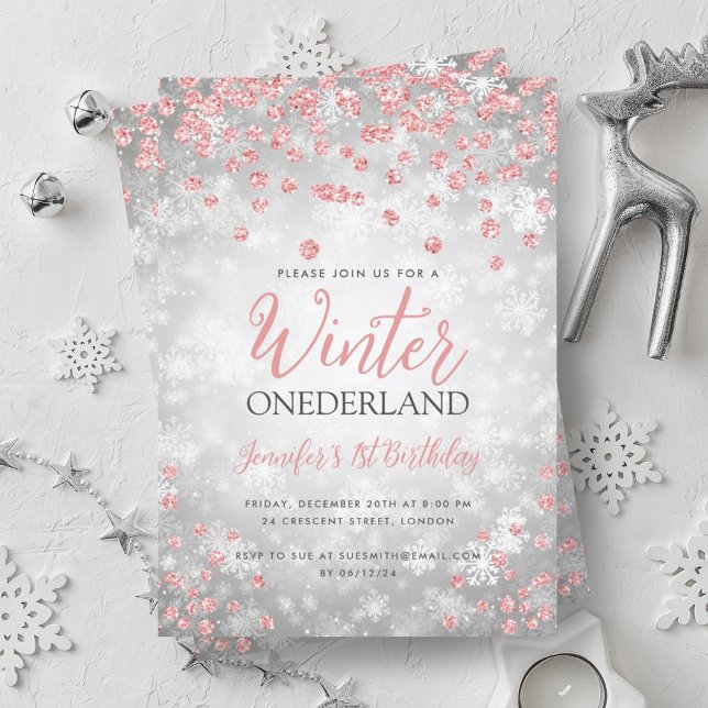 Convites Primeiro aniversario Rosa Dourado de inverno ONEDE (Silver Rose Gold Winter ONEDERLAND 1st Birthday Invitation)