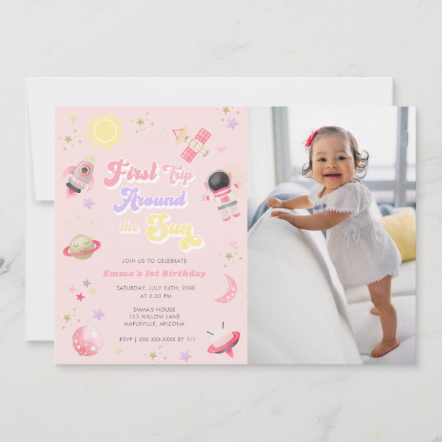 Convites Primeiro Aniversário Rosa Em Torno Do Sol (Frente)