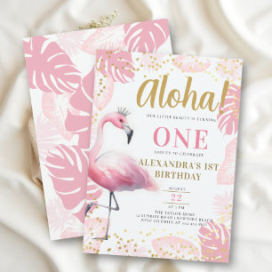 Convites Primeiro aniversario Rosa Flamingo Tropical Hawaii