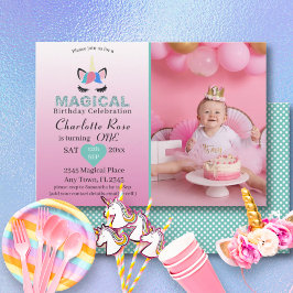 Convites Primeiro aniversario Rosa Girly Magical Unicorn
