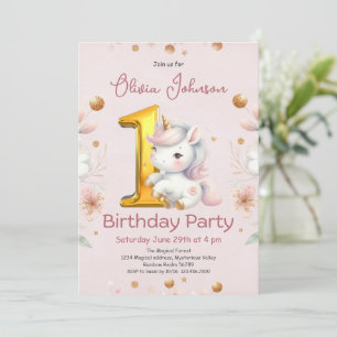 Convites Primeiro aniversario Rosa Girly Unicorn