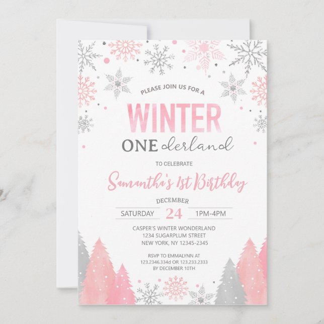 Convites Primeiro aniversario Rosa Onederland Snowflakes (Frente)
