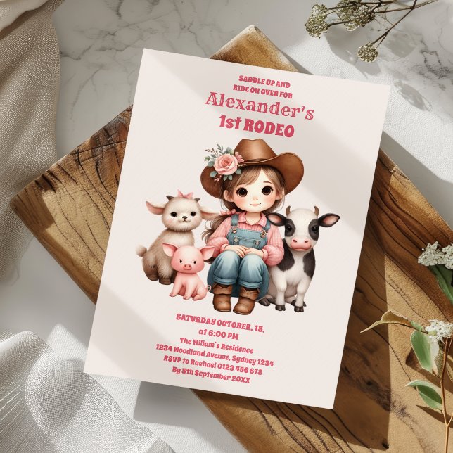 Convites Primeiro aniversario Rosa Primeiro Rodeo (Criador carregado)