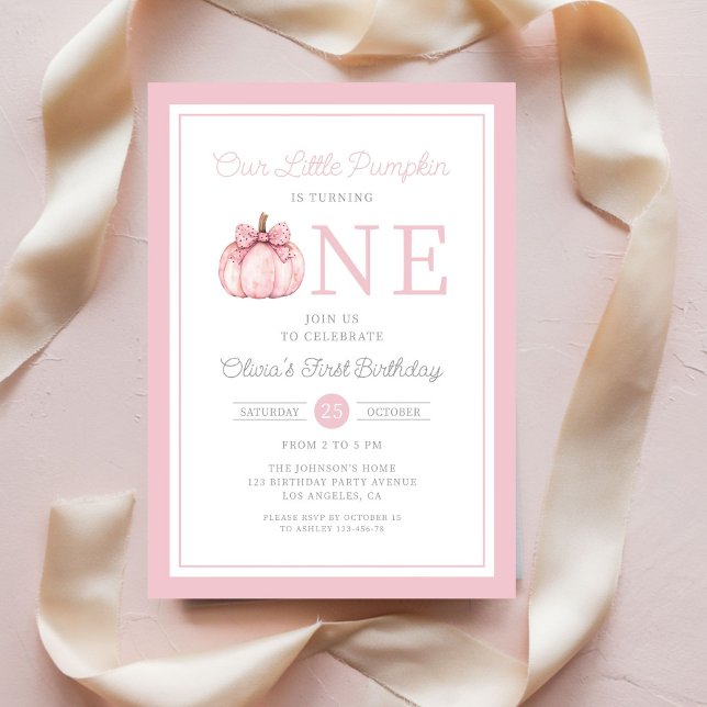 Convites Primeiro aniversario rosa-rosa-branca-abóbora (Cute Pink Little Pumpkin 1st Birthday Invitation)