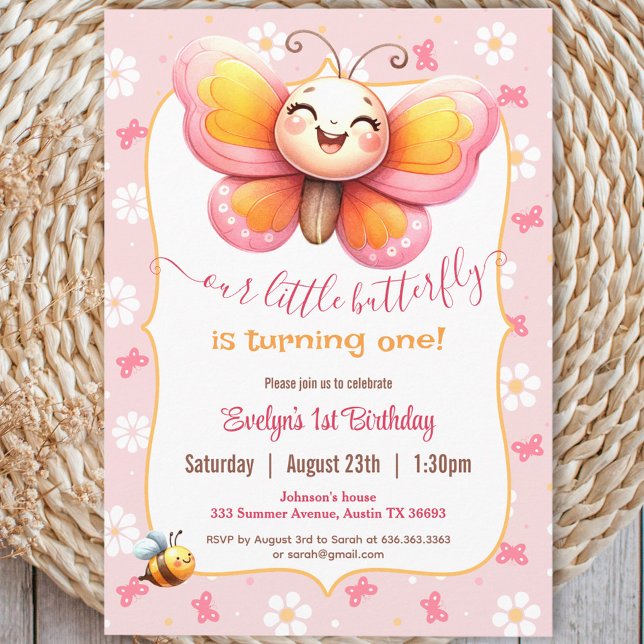 Convites Primeiro aniversario Rosa Rosa-Butterfly (Cute Butterfly Pink Floral Girl 1st Birthday Invitation)