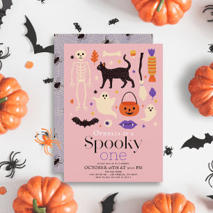 Convites Primeiro aniversario Rosa Spooky One Halloween Mot