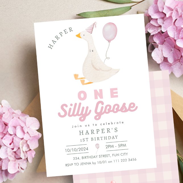 Convites Primeiro aniversario Rosa Um Bobo Ganso Rapariga (Pink One Silly Goose Girl 1st Birthday Invitation)