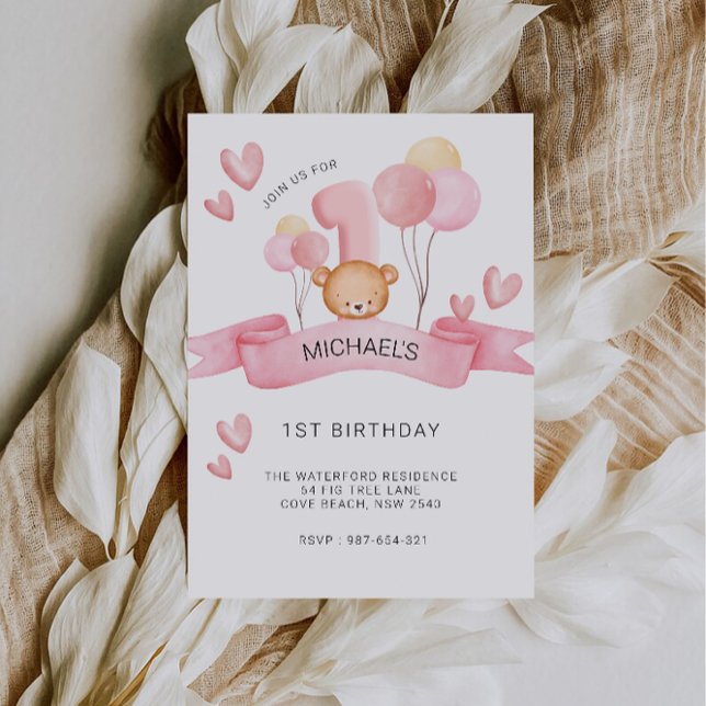 Convites Primeiro aniversario Rosa, Urso de Teddy (Pink 1st Birthday, Teddy Bear Invitation)