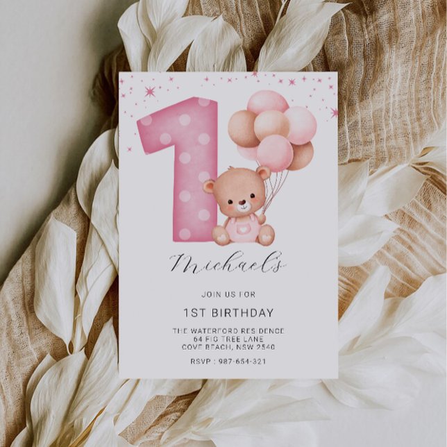 Convites Primeiro aniversario Rosa, Urso de Teddy (Pink 1st Birthday, Teddy Bear Invitation)