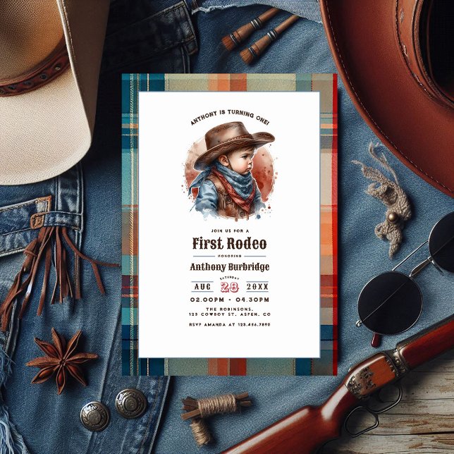 Convites primeiro aniversario Russo de Cowboy "First Rodeo" (“First Rodeo” Rustic Cowboy 1st Birthday Invitation)