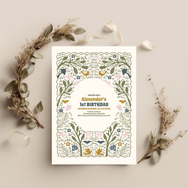 Convites Primeiro aniversario Rustic Green Woodland Fern (Criador carregado)