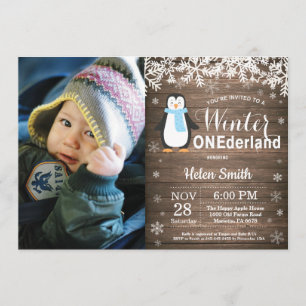 Convites Primeiro aniversario Rustic Penguin Boy de Winter 