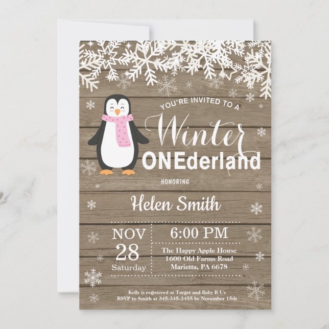 Convites Primeiro aniversario Rustic Penguin em Onederland  (Frente)