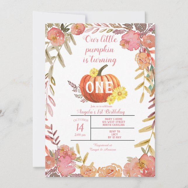 Convites primeiro aniversario Rústico de Abóbora Floral (Frente)