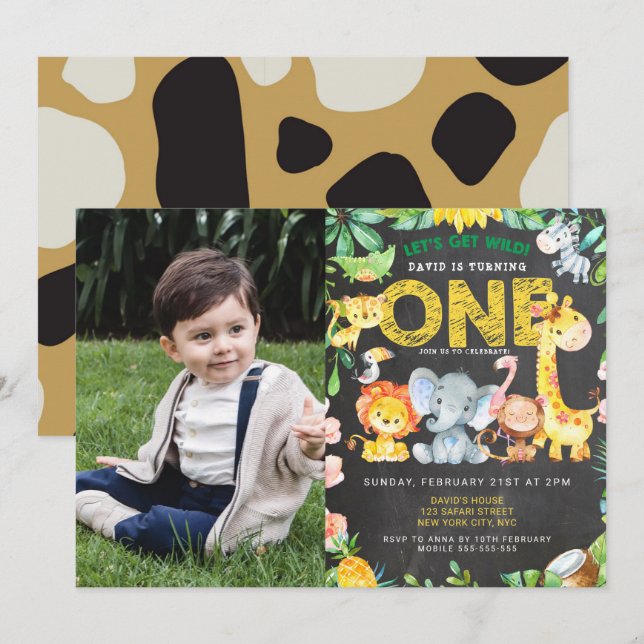 Convites primeiro aniversario Safari Chalkboard Jungle Pict (Frente/Verso)
