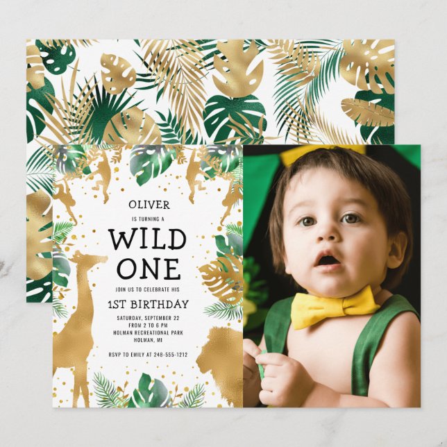 Convites Primeiro aniversario Safari de Foto Selvagem Única (Frente/Verso)