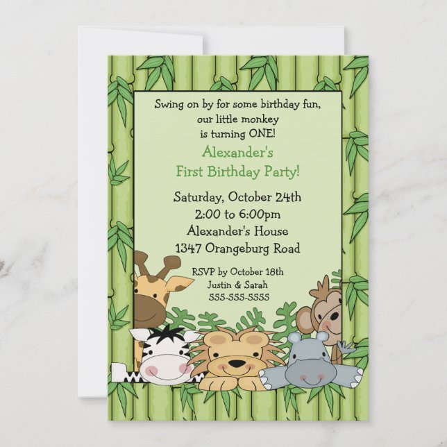 Convites primeiro aniversario Safari divertido (Frente)